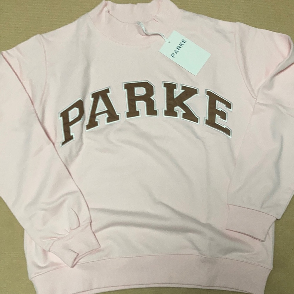 Parke Baby pink mock neck sweatshirt brown Embroidered Logo Pullover size XXL